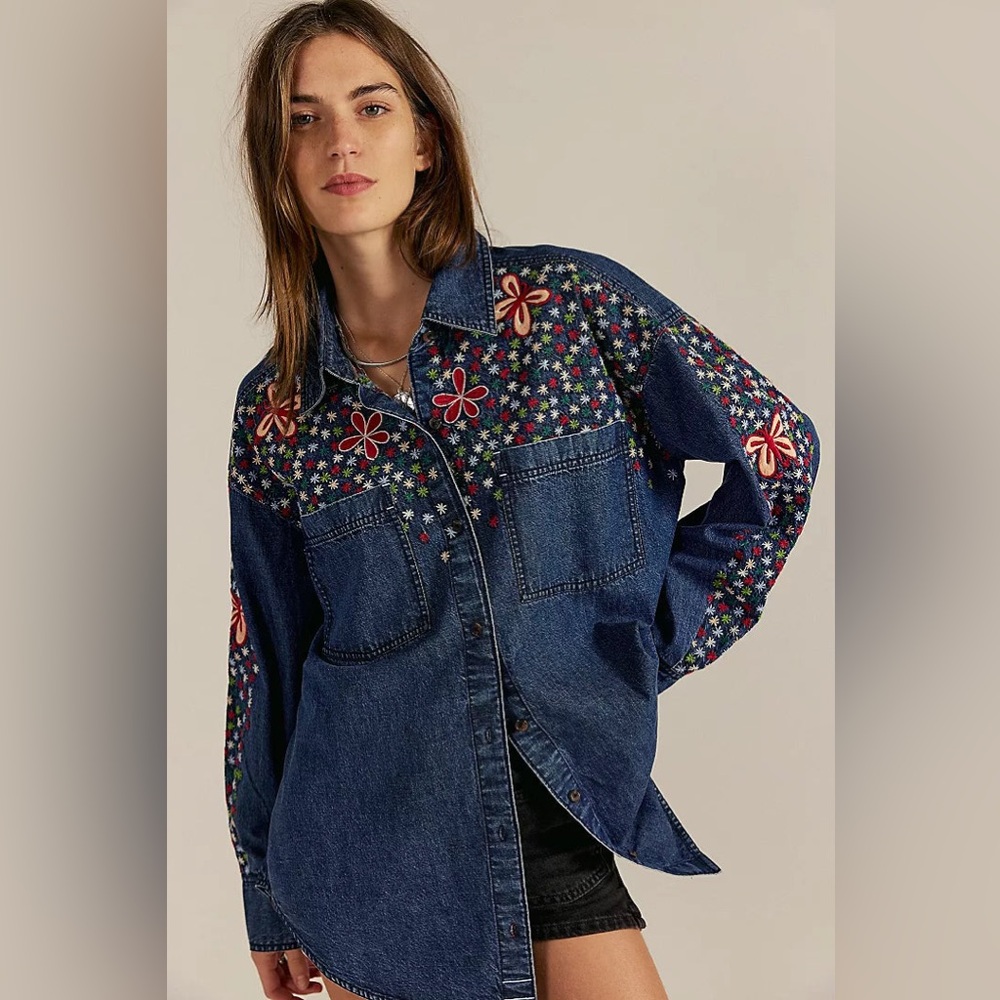 NWT We The Free Rainbow Embroidered Denim Shirt ~Rinse Wash~